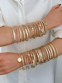 36/12/7 piezas Conjunto de pulseras para mujer, Vintage Fashion de alta calidad, elegante asimétrico con diseños de flores, lazos, estrellas, martillado, hexágonos, trenzado. Adecuado para citas, vacaciones, uso diario, fiestas, regalo de aniversario - Amarillo Oro - Ver 1