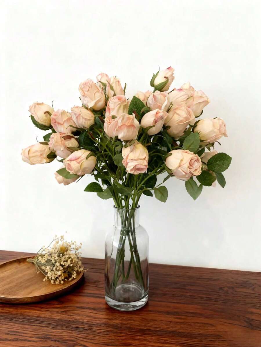 Two 48cm Artificial Pink Roses | 7 Rose Heads + Green Plastic Base. American Minimalist Romantic Style, Suitable For Home Flower Arrangements. A Great Gift For Women Or Mothers, Or As A Standalone Gift, Fresh Flower, Stamen, Or DIY Decoration. - Multicolor - View 1