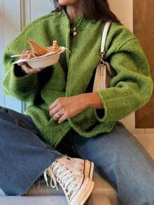 New Fashionable Loose Casual Jacket For Women, Y2K Style Stand Collar With Hidden Buttons, Autumn/Winter - màu xanh lá - Xem 1