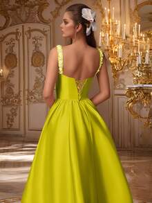 VIPGIRL 绿色无袖垂坠缎面礼服，配亮片肩带和长拖尾，优雅的女士美人鱼礼服，舞会礼服，晚礼服，婚礼宾客礼服，奢华迷人的舞会礼服 - 綠色 - 查看 11