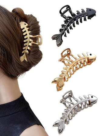 3个极简金属鱼骨发夹，高端马尾发爪，适合日常、派对、节日、情人节、感恩节、生日等场合，创意礼物发饰时尚发夹