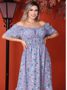 Women's Long Midi  Dress With Puffed Princess Sleeves, Elasticated Elastic, Floral Print - 灰色的花 - 查看 3