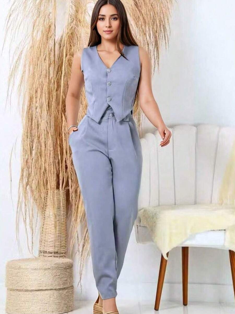 Women's Formal Tailoring Set: Blouse, Vest With Buttons, Skinny Pants, Elegant Party - 灰色 - 查看 1
