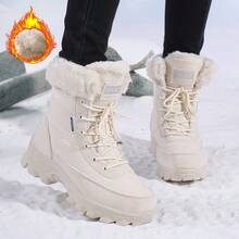 女士雪地靴，新款米色冬靴，加厚保暖户外徒步靴，防滑防寒冬鞋，PU皮防水靴，女士短筒靴，靴子，前系带毛绒女靴，高帮中筒靴 - 米色 - 查看 3