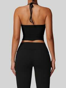 Aaseow 女士时尚褶皱露背瑜伽上衣 - 内置胸罩，可拆卸胸垫，无袖运动服，适合健身房锻炼和日常穿着 - 黑色 - 查看 5