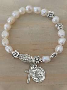 1pc Faux Pearl Beaded Flower & Cross Virgin Mary Pendant Bracelet, Vintage Style Suitable For Men And Women Daily Wear, Jewelry Gift