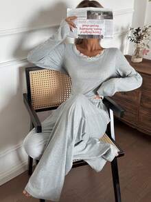 Nina Bonheur 2pcs Women Lace Patchwork Long Sleeve Top + Elastic Waist Pants Cute Pajama Set - Grey - View 3