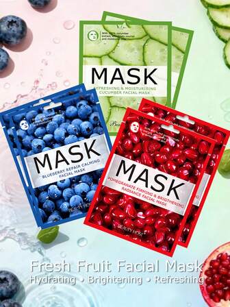 6片装水果面膜套装 – 石榴面膜、蓝莓黄瓜面膜，亮肤保湿护肤面膜，秋冬季节/圣诞节礼物，适合女性