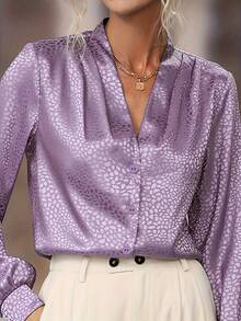 Blusa de Manga Longa com Decote em V em Cetim Jacquard, Adequada para Uso Diário e Looks de Férias - Lavanda - Visão 2