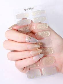 16pcs Gold Foil Semi Cure Gel Nail Strips, Winter Nails Golden Glitter Gradient Star And Moon UV Gel Nail Stickers, Salon Quality, Easy To Apply And Remove, Suitable For Women's Home DIY Nail Art Supplies