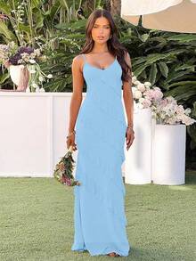 Vestido de cóctel elegante de mujer con tirantes finos, espalda descubierta, volantes y silueta ajustada, 2025 QMO3 - Azul - Ver 3