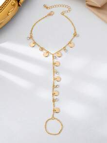 1 Stück modischer minimalistischer Metall-Disc, Strass-Anhänger Fingerring Kette für Frauen, geeignet für den täglichen Gebrauch, Urlaub, Date, Party, Goldfarben Accessoire - Gold - Übersicht 5