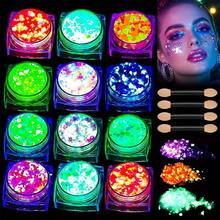 Gel nhũ UV 12 màu khô nhanh phát sáng trong bóng tối kèm 4 cọ, nhũ nước dạng hạt, nhũ cơ thể phát sáng cho nữ, nhũ neon đen tự dính cho lễ hội âm nhạc Mardi Gras Carnival, phụ kiện trang phục tiệc Halloween DIY, lễ hội Rave Edm - Nhiều màu - Xem 2