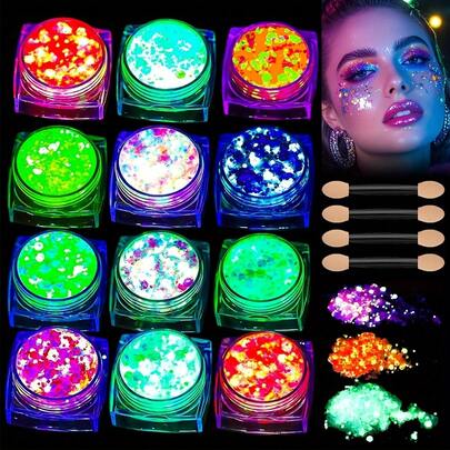 12 สี Quick Dry Glow In The Dark UV Glitter Gel พร้อม 4 แปรง, กลิตเตอร์แบบหนาแบบใช้น้ำ, กลิตเตอร์ทาตัวเรืองแสงสำหรับผู้หญิง, กลิตเตอร์แบล็คไลท์นีออนแบบมีกาวในตัวสำหรับ Mardi Gras Carnival Music Festival, อุปกรณ์เสริมสำหรับชุดปาร์ตี้ฮาโลวีน DIY Rave Edm Festival
