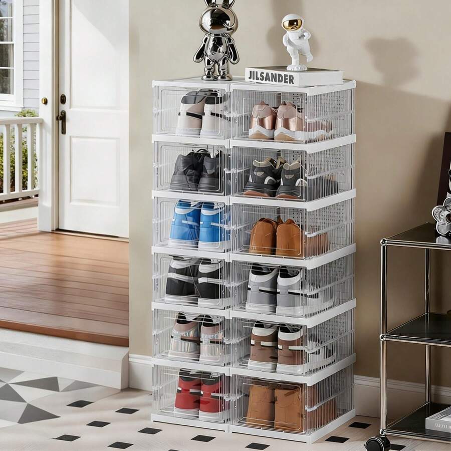 Transparent Shoes Box 3/6 Layers Shoe Display Case Thickened Foldable Sneaker Shoe Organizers Stackable Dustproof High-Top Cabinet Shoe Rack Shelf - 無色 - 查看 1