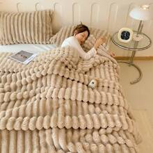 1pc Soft Vintage Style Faux Fur Blanket - Cozy Choice For Sofa And Chair, Striped Pattern, Machine Washable, Polyester Blend, Comfortable For All Seasons, Chair/Bed Cover | Soft Blanket | Polyester Blend, Rabbit Decor - Khaki - View 11
