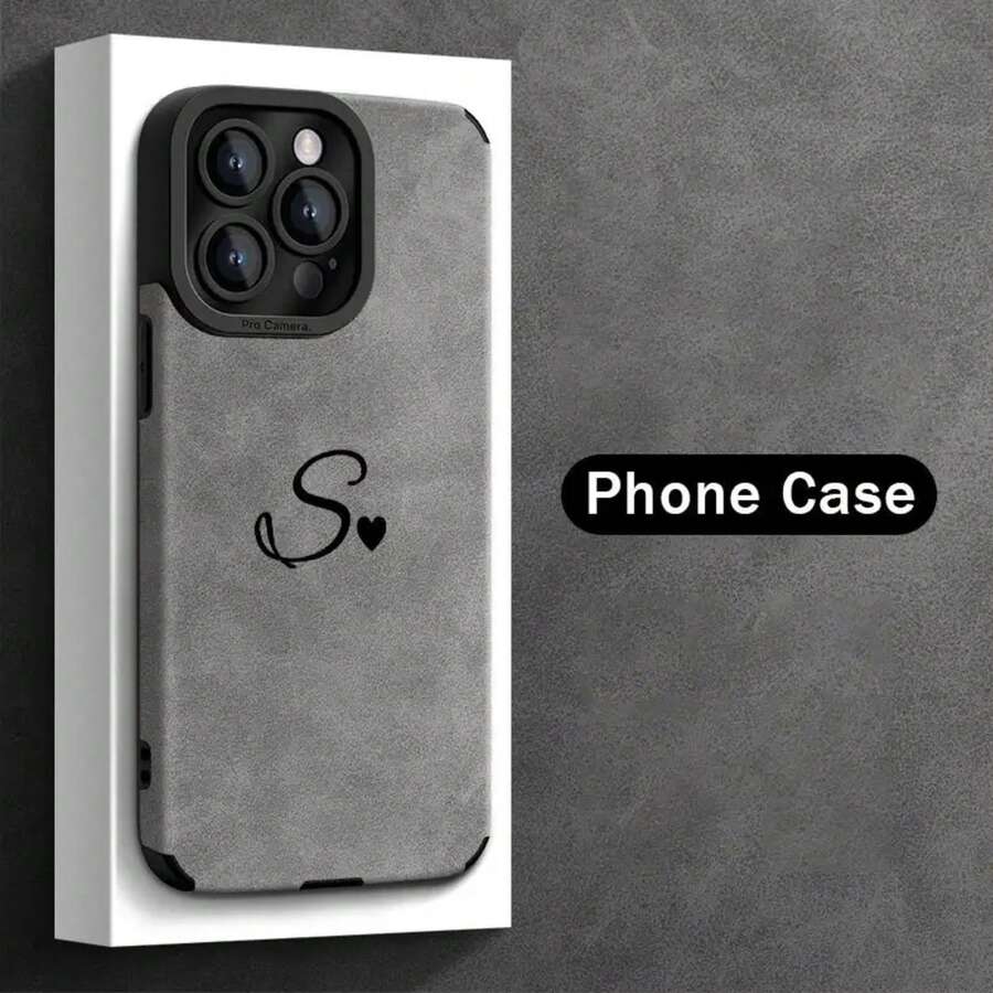 Funda de Teléfono Simple de Color Sólido con Patrón de Corazón y Letra S para iPhone 16ProMax/15Pro/14Plus/13/12/11ProMax, Resistente a Impactos, Diseño de Moda, Cubierta Protectora de TPU, Cuero Sintético - Colores mixtos - Ver 1