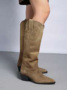 Fall/Winter New High Heel Pointed Toe Tall Boots, Women's Deep Brown Wide Shaft Riding Boots, Tall Straight Shaft Vintage Style,Cowboy Boots - Khaki - View 6