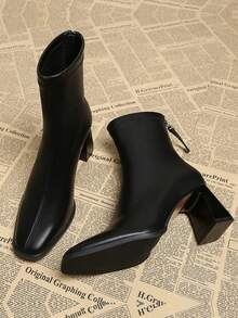 女士法式方头粗跟短靴，新款秋冬25厘米法式踝靴，麂皮拼接高端修身靴 - 黑色 - 查看 2