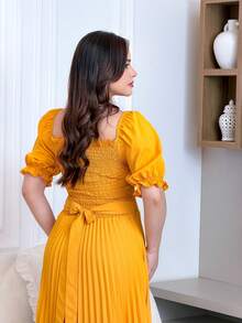 Pleated Midi Dress With Elastex Waist - Yellow - View 4