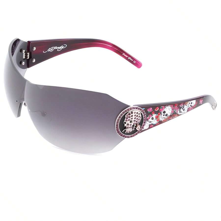 Ed Hardy 042 Sunglasses With Leather Case, Unisex, Wrap Around With Crystal Skull & Roses - Amethyst - View 1