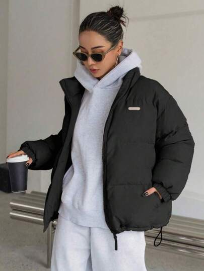 Casaco feminino de inverno com gola alta e bolsos, jaqueta quente de plumas, clássica e estilosa, confortável e versátil, perfeita para qualquer ocasião