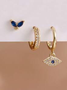3pcs Set Exquisite New Gold Evil Eye Single Earring, 18K Gold Plated Stainless Steel Material, Small Punk Style Earring, Piercing Jewelry - 3pcs for One Ear - View 7