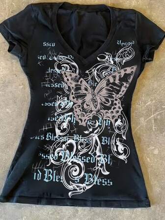 Women's Y2K Butterfly Printed V-Neck Short Sleeve T-Shirt, Navy Blue