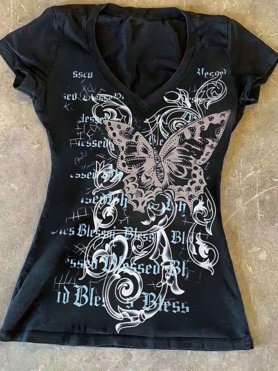 女款 Y2K 蝴蝶印花 V 领短袖 T 恤，海军蓝 - 黑色 - 查看 1