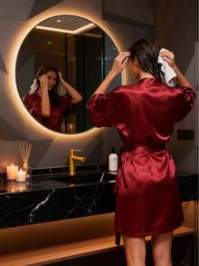 1 pieza Bata elegante de unicolor con lazo para mujer, para otoño/invierno, camisón corto de satén y seda suave y sexy. Bata corta de seda suave y ligera de unicolor y elegante con cintura anudada, adecuada para novia, dama de honor y uso doméstico. Vestido corto de temporada de bodas, bata con letra inicial, bata de mañana y bata de dormir. - Multicolor - Ver 4