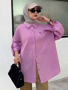 DAZY Neue, locker sitzende, lässige Damen Bluse mit gesticktem Logo Dekor für Herbst/Winter, bescheidene Mode, Langarm - Pink - Übersicht 4