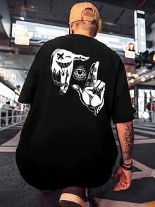 Camiseta holgada con estampado gráfico, ligera, de jersey de algodón con estampado de doble cara, agradable para la piel, corte regular, básica, estilo primavera oto?o - Negro - Ver 3