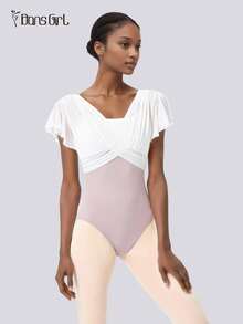 DonsGirl 1 件女式芭蕾舞紧身衣，2 合 1 吊带飘袖紧身衣，体操运动服，舞蹈表演服装 - 淺灰紫 - 查看 5