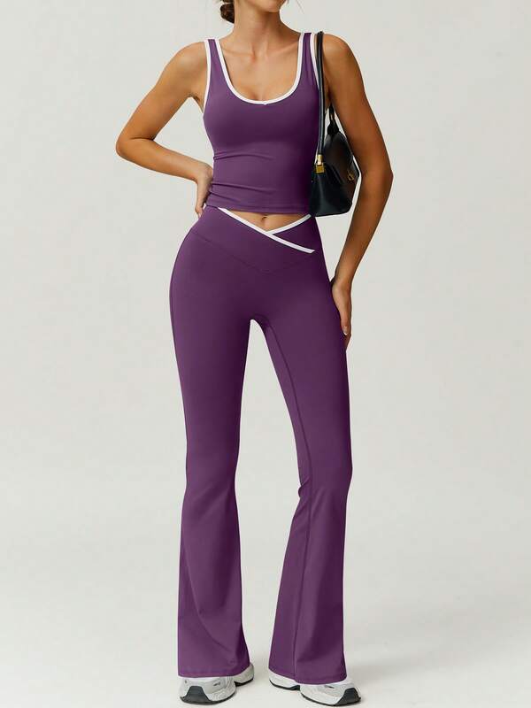 NcmRyu 1 set Haut de sport à col V et pantalon de sport à taille fine et élastique, de couleurs contrastées pour femmes