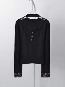 法式优雅黑色蕾丝长袖T恤，女士高端叠穿上衣，春季款 - 黑色 - 查看 2