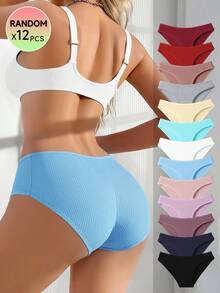 12 Packs Random Color Packaging Of Women's Briefs,  Solid Color Simple Ribbed  Soft, Stretchy And Breathable Women's Knitted Panties, Available In A Variety Of Colors And Sizes From S To XXL, Suitable For Comfortable And Casual Wear - Màu sắc ngẫu nhiên - Xem 8