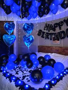 583pcs Blue & Black Birthday Balloon Kit, 500pcs Non-Woven Fabric Petals, 16" Happy Birthday Banner, 8pcs 18" Foil Heart Balloons, Thick Latex Balloons, Suitable For Men's Birthday Party, Dark Color Aesthetic Party Background, Romantic Bedroom Decor, Midnight Surprise Birthday Party Decor, Influencer Photo Backdrop, Anniversary, Home Decor, Photo Backdrop, Party Organizer, Event Planner - Multicolor - View 4