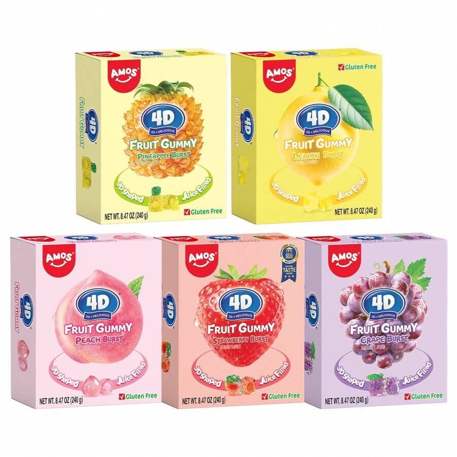 Amos 4D Burst Fruit Gummy Candy, Gluten Free, Assorted Fruit Flavors (Pineapple, Lemon, Peach, Strawberry, Grape), 8.47oz Box - Soft & Chewy, Natural Flavors, Snack Size - Mixed Fruity - 查看 1