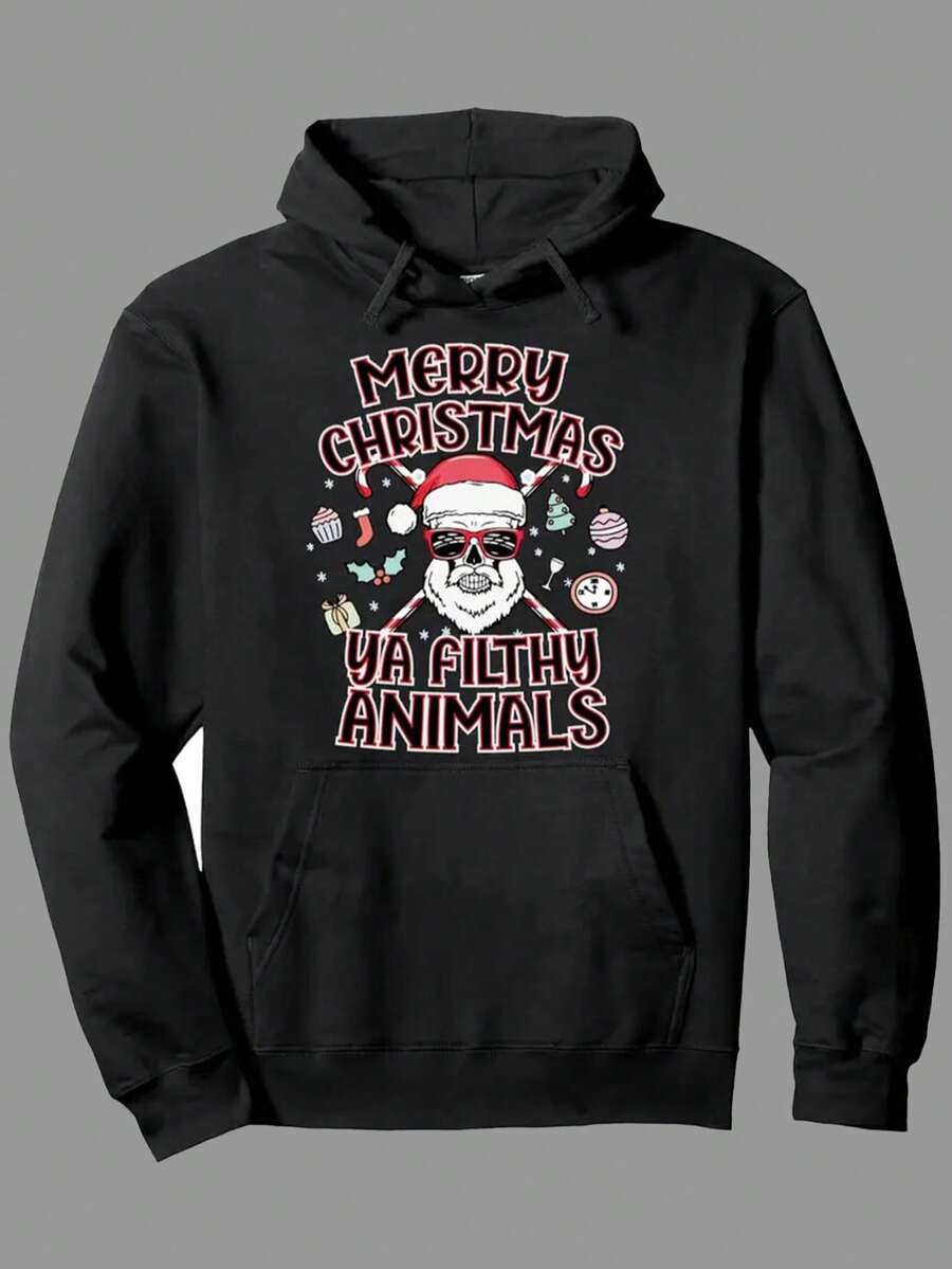 1pc Men'S Casual Christmas Hoodie - Cotton Blend Printed Pullover With Pocket, Digital Heat Transfer Detail, Slight Stretch Knit Fabric, Hooded Collar, Regular Fit, For Spring/Fall - 280g,Fall Hoodies,Men's Fall Clothes,Street Wear,Halloween,Mens Hoodies,Y2k Clothes,Jesus Hoodie,Thanksgiving Day,Nightmare Before Christmas,Christmas - Black - View 1