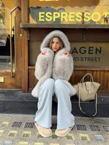 Casual Chic Faux Fur Hooded Women's Warm Daily Commute Hoodie Faux Fur Jacket, Chunky Sweatshirt, Winter Jacket For Women, Clothes For New Year - Grey - View 7