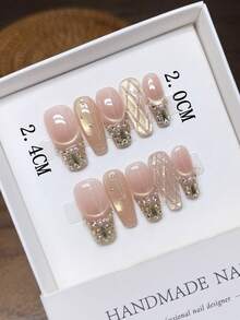 10 片纯手工制作可穿戴指甲；美甲；梯形指甲形状；手绘个性化裸色猫眼法式嵌入式指甲；按压式指甲 - 彩色 - 查看 3