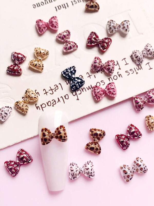 50pcs Autumn And Winter Style, Leopard Print Bow Design Nail Art Decoration, European And American Size Tie Nail Accessories, DIY, Nail Products, Nail Charm, Leopard Print Nails, Nail Accessories