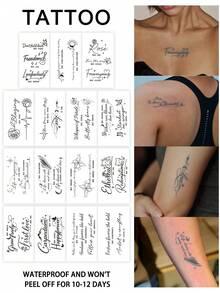 5Pcs Fake Tattoo Temporary Tattoos Semi Permanent Tattoo Floral Letter English Y2K Waterproof Sweatproof Last For 1-2 Weeks Realistic Herbal Juice Anti-Friction Non-Reflective Black For Woman And Men Tattoo Stickers For Arm, Chest, Leg, Abdomen, Waist, Finger, Neck, Spine, Modernist Body Art