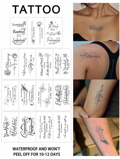 5Pcs Fake Tattoo Temporary Tattoos Semi Permanent Tattoo Floral Letter English Y2K Waterproof Sweatproof Last For 1-2 Weeks Realistic Herbal Juice Anti-Friction Non-Reflective Black For Woman And Men Tattoo Stickers For Arm, Chest, Leg, Abdomen, Waist, Finger, Neck, Spine, Modernist Body Art