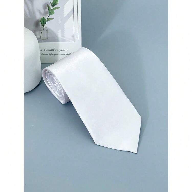1pc Solid Color Necktie, Handmade Formal Tie For Men, Wedding & Business Attire Men Necktie - أبيض - مشاهدة 4