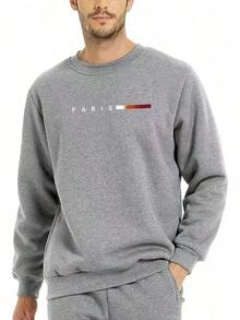 Men's Fashionable Casual Round Neck Warm Lining Sports Fitness Long Sleeve Top, Paris Letter Graphic Print Pullover Fleece Sweatshirt, Autumn/Winter Series, Suitable For Travel And Daily Wear - Light Grey - View 2