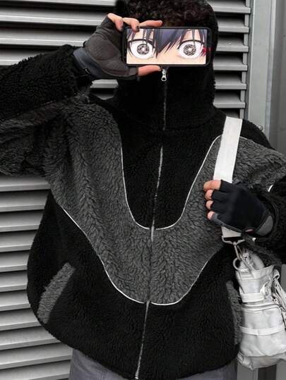 1 pieza Chaqueta de forro polar gruesa para niño pequeño, diseño de patchwork, tela de felpa de alta calidad, cálida y de moda para salidas de invierno y viajes, opción de regalo versátil