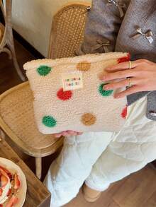 1个装毛绒保暖羊羔绒化妆包，横条纹防水，波浪点图案，女士化妆包，小巧收纳化妆盒，女士旅行包，铅笔盒，日常大容量化妆刷旅行洗漱包，旅行必备，旅行，情人节，房间装饰，钱包必备，女士化妆包，钱包必备物品，邮轮必备，设计师手提包，基础款，梳妆台必备，房间，可爱化妆包 - 彩色 - 查看 3