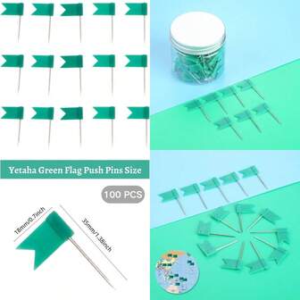 Yetaha 100PCS Flag Push Pins Travel Map Tacks Assorted Plastic Colorful Thumb Tacks For Bulletin Cork Board World Map Picture Marking Home School Office Green