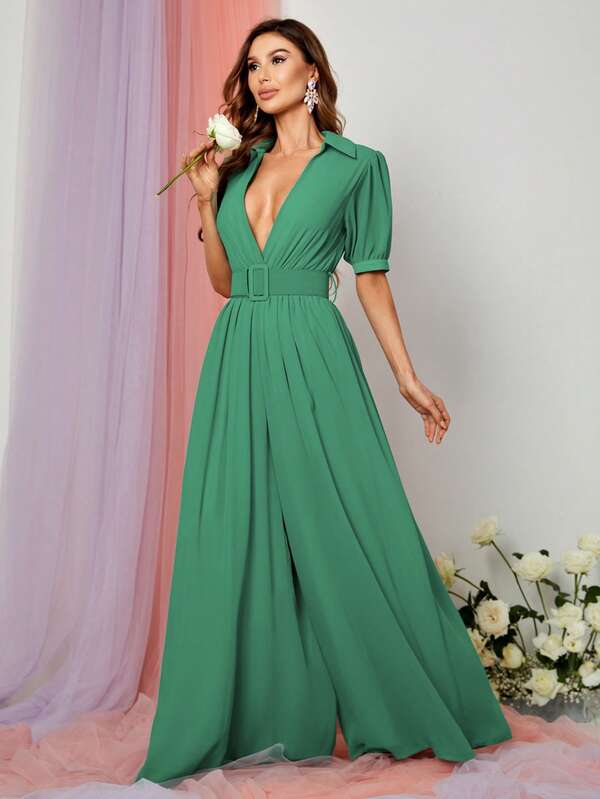 Women's Short Sleeve V-Neck Wide Leg Jumpsuit - Chiffon Fabric, Detachable Belt, Slim Fit | Suitable For Formal Occasions, Wedding Guests And Elegant Parties